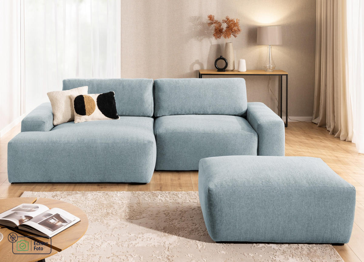 ECKSOFA inkl. Hocker Lennon aus Hellblau Strukturstoff mit Schlaffunktion und Bettkasten - Schwarz/Hellblau, Holz/Kunststoff (137/264cm) - S-Style
