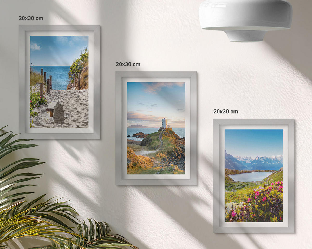 WANDBILDER 3er Set - 20x30 cm Silberner Rahmen - Strand, Leuchtturm, Berge, Blumen - Silberfarben, Kunststoff (20/30cm) - ArtPrintCave