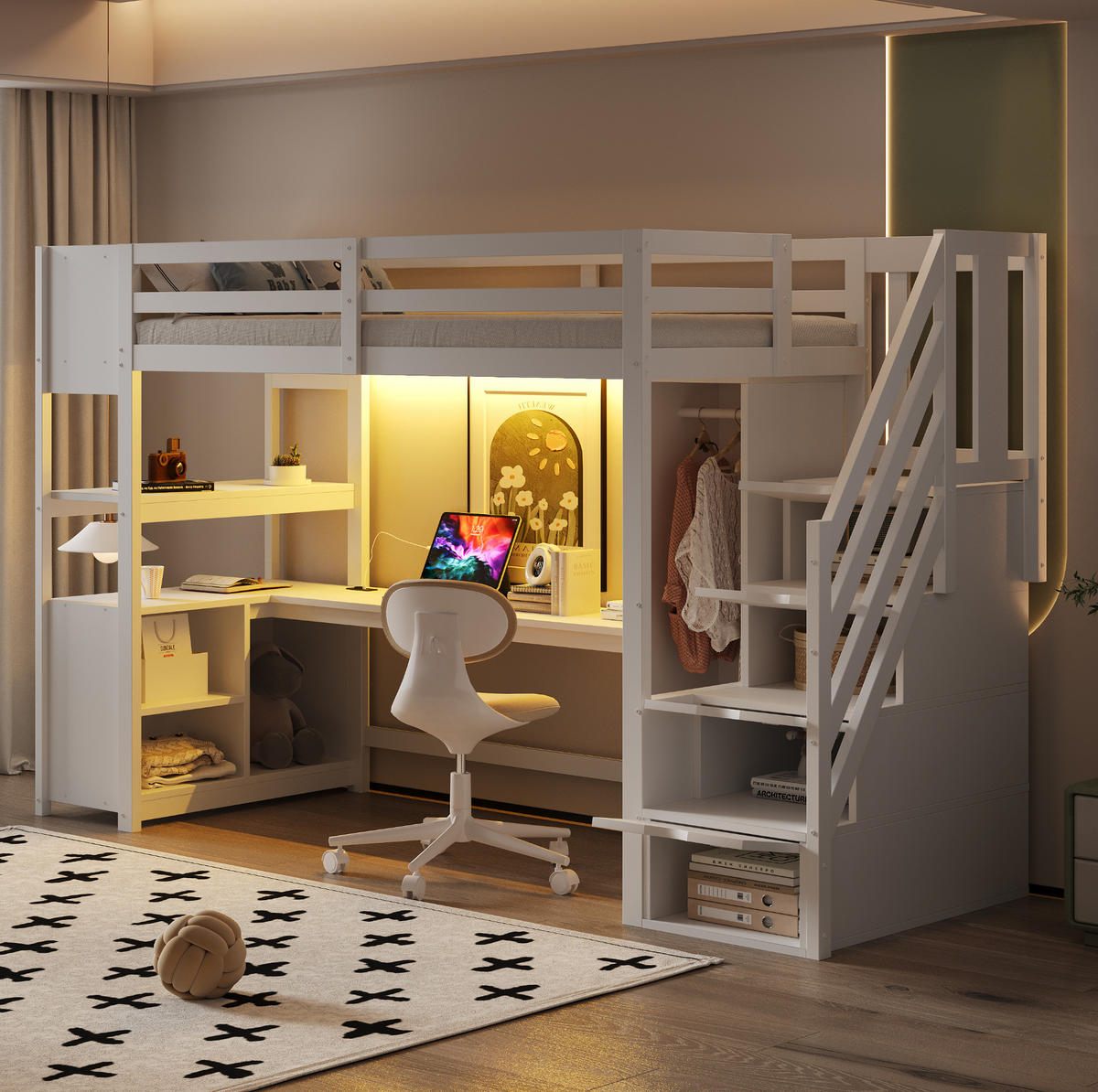 HOCHBETT 90/200 cm weiß aus Massivholz und MDF mit Schreibtisch - Weiß, Holzwerkstoff (90/200cm) - OKWISH