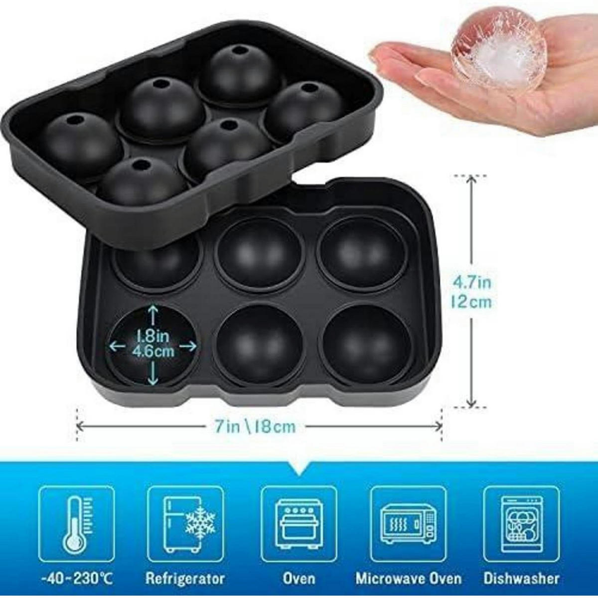 EISWÜRFELFORM 2-teiliges Set Silikon Schwarz 6 Kugeln - Schwarz, Kunststoff (12/4.8/18cm)