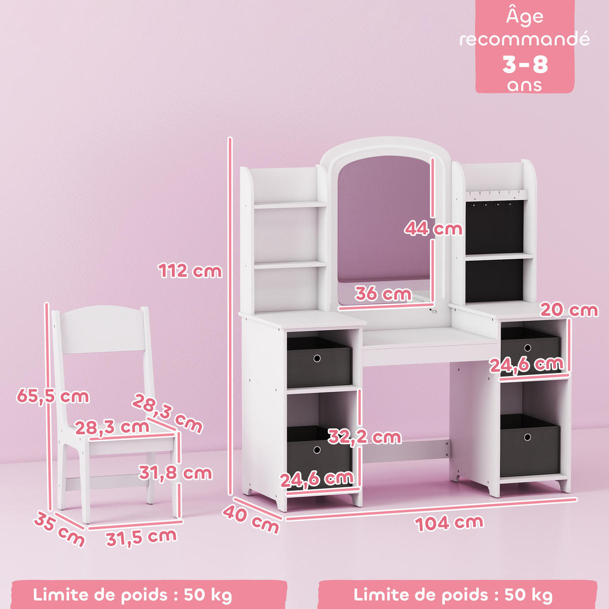 KINDERSCHMINKTISCH DE-18636 Weiß - Weiß, Holzwerkstoff (40/112/104cm) - ComfortXL