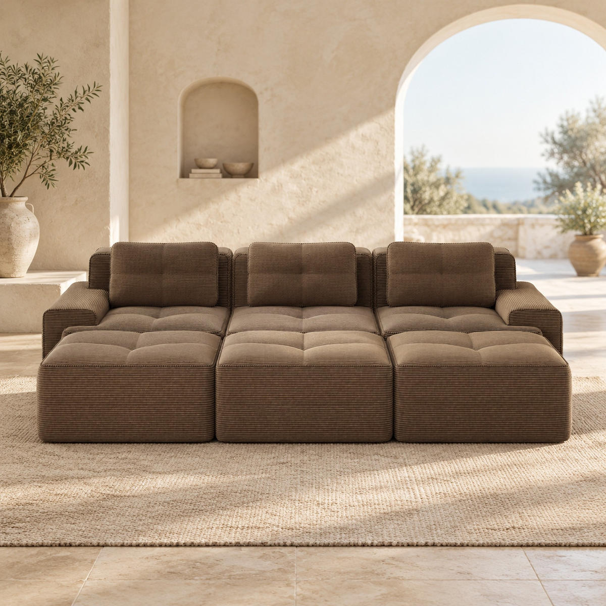 MODULARES Sofa aus Cord in Braun 293x177x69 cm mit Schlaffunktion und 74 cm Sitztiefe - Braun, Textil (177/69/293cm) - IVMEU
