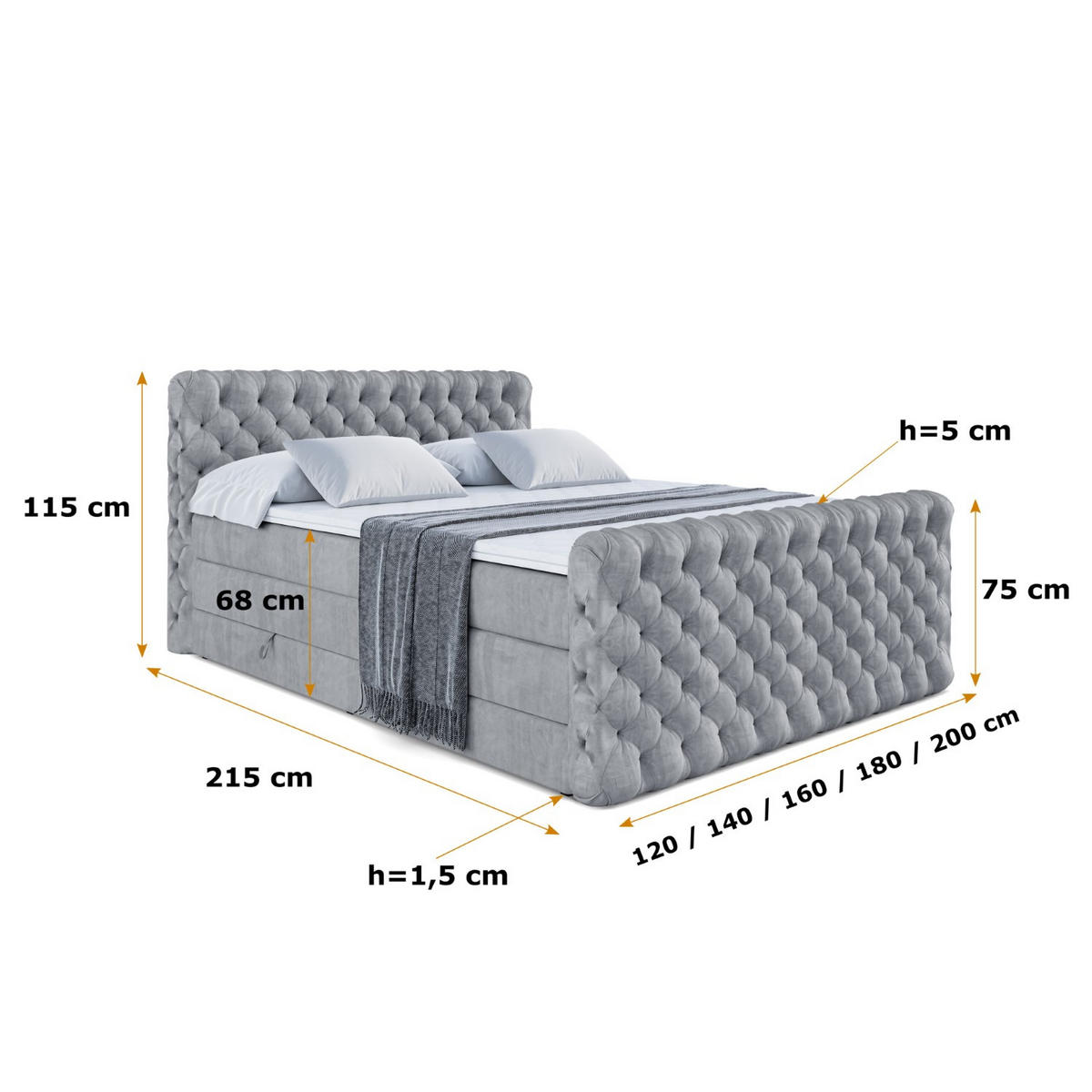 BOXSPRINGBETT BOXI8-Z KING - 160x200 - H3/H4 - Grau - Grau, Holzwerkstoff (160/200cm) - ALTDECOR