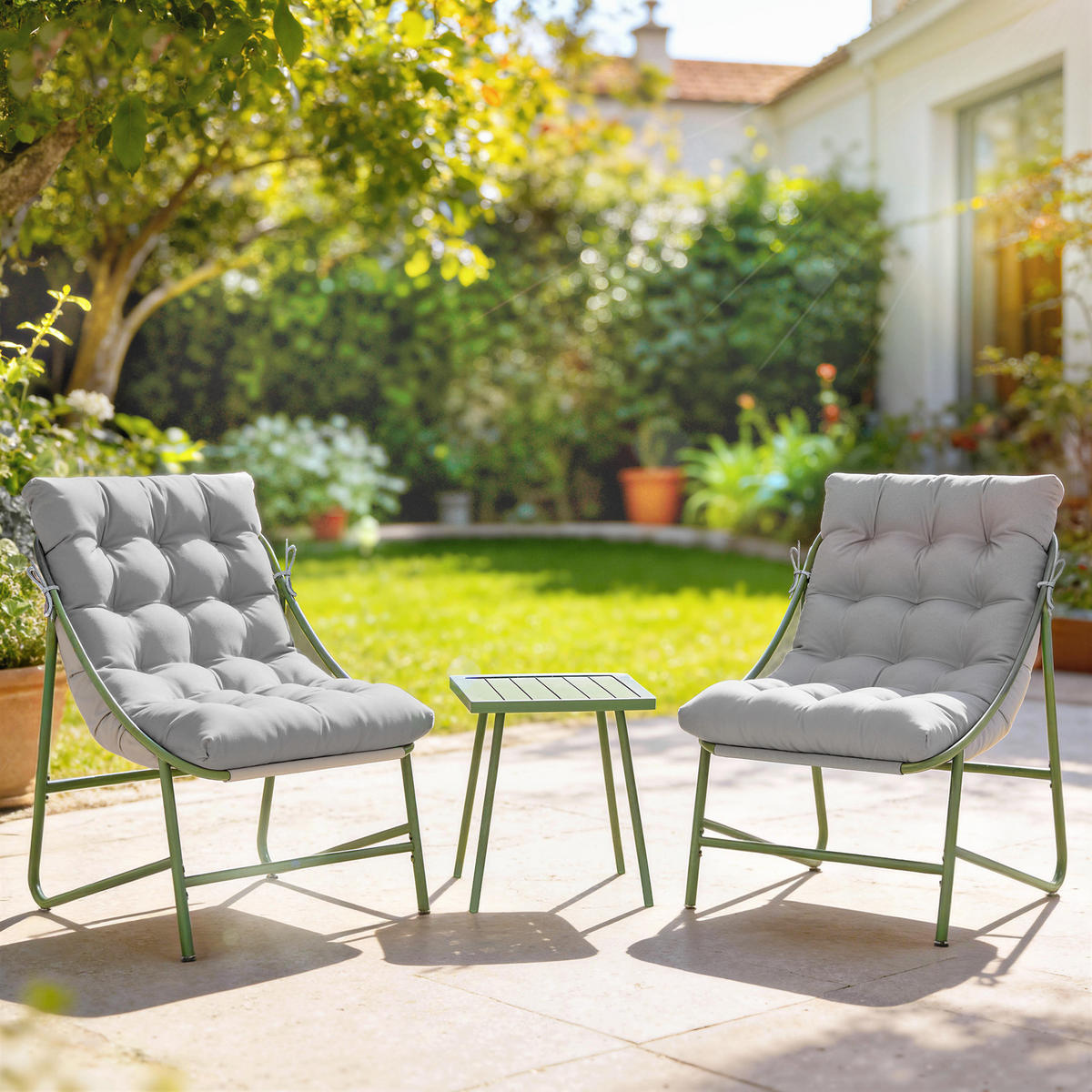 BALKONMÖBEL-SET 3er Set Stahl Netzstoff Hellgrau - Hellgrau/Grün, Textil/Metall - Outsunny