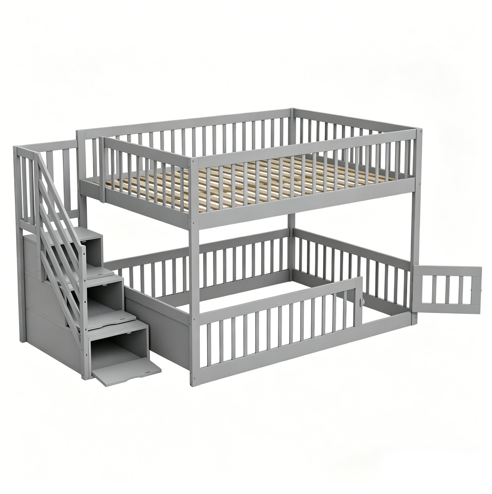 ETAGENBETT 140/200 cm, Grau aus Massivholz mit Stauraumtreppe - Grau, Holz (140/200cm) - MIVRAY