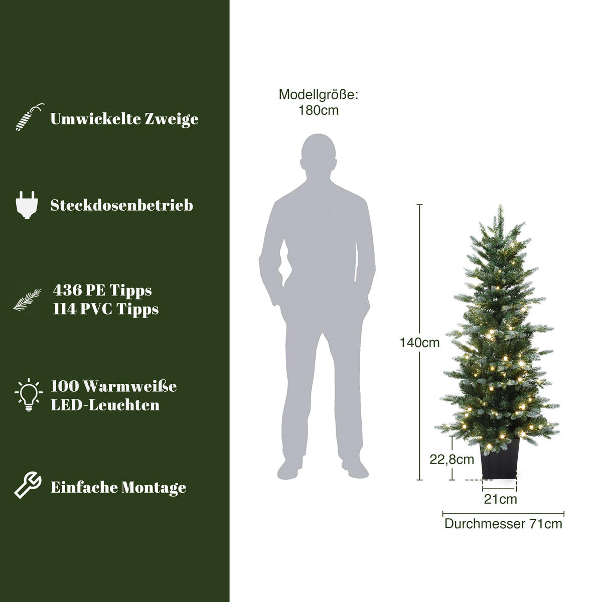 KÜNSTLICHER Weihnachtsbaum 140 cm mit Beleuchtung und Topf - Grün, Kunststoff (140cm) - Hometopia