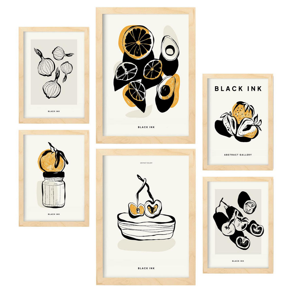 POSTER Set Mit 6 Schwarzer Tintensnack Größe A3 & A4 Rahmen aus hellem Holz - Beige, Papier (29.7/1cm) - Nacnic