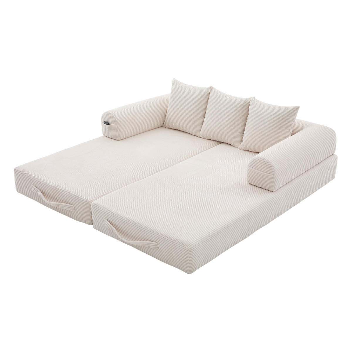 SCHLAFSOFA 200/94/67 cm Beige mit Seitentaschen plus und 3 Kissen - Beige, Textil (200/67/94cm) - Oxeza