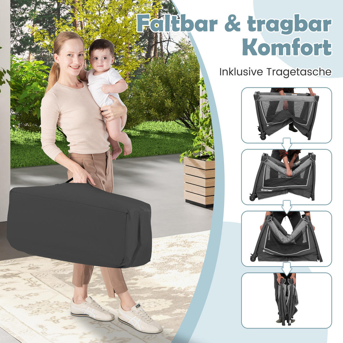 KINDERBETT mit Matratze grau - Grau, Textil - COSTWAY
