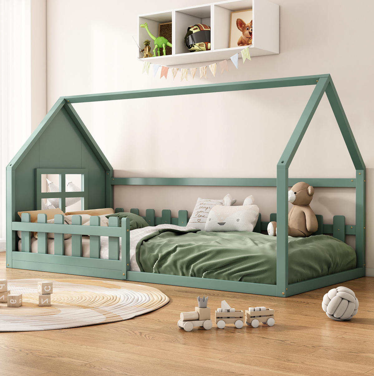 KINDERBETT 90/200 cm in Hausform mit Lattenrost aus Kiefer und MDF, Grün - Grün, Holzwerkstoff (90/200cm) - Redom