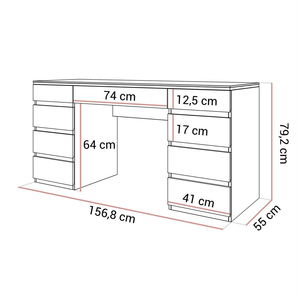 SCHREIBTISCH AURORA DOUBLE KASCHMIR mit Schubladen - Kaschmir, Holzwerkstoff (55/156.8/79.2cm) - Lookway