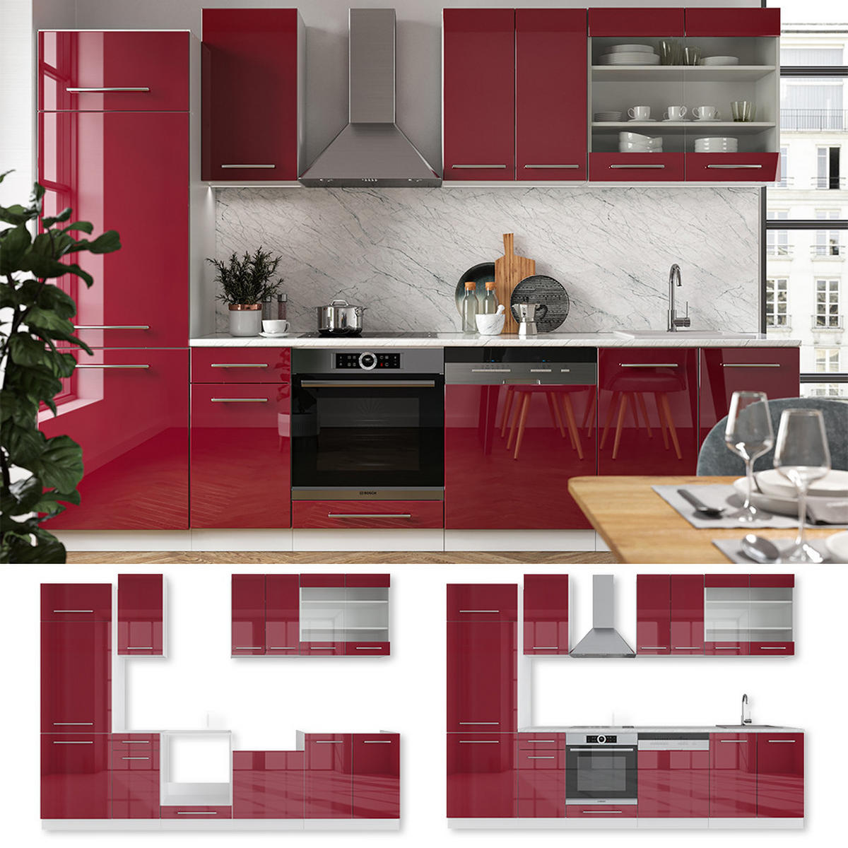 KÜCHENZEILE Fame-Line Bordeaux Hochglanz/Weiß 300 cm, AP Eiche - Bordeaux/Weiß, Holzwerkstoff (300/81.6/60cm) - Vicco