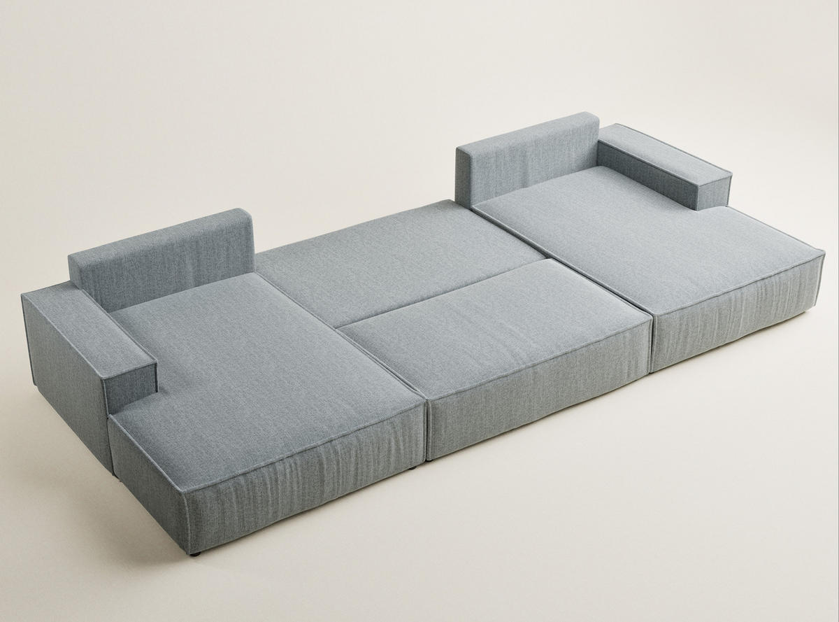 WOHNLANDSCHAFT Kyoto Blau grau Webstoff - Blaugrau/Schwarz, Holz/Holzwerkstoff (398/70/148cm) - Maison de Reve