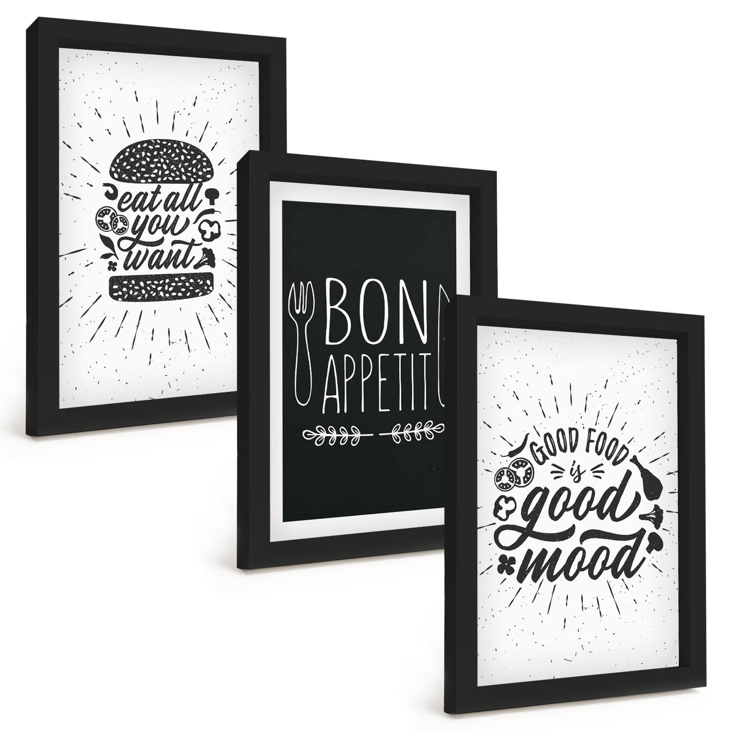 BILDER SET 3er Set - 20x30 cm Schwarzer Rahmen - Grafiken, Lebensmittel, kulinarische Slogans - Schwarz, Kunststoff (20/30cm) - TULUP