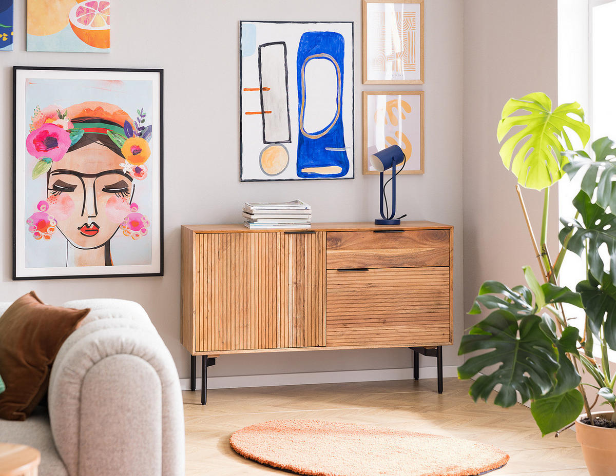 KOMMODE - Akazie massiv / Schwarz - Akaziefarben, Holz (130/82/42cm) - home24