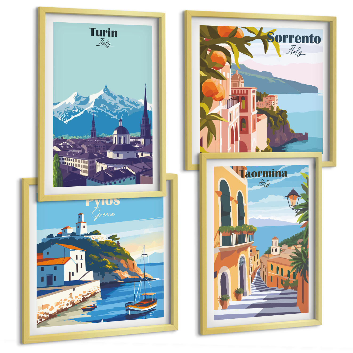 BILDER SET 4er Set - 50x50 cm & 40x60 cm Goldrahmen - Farbenfrohe Illustrationen von Retro-Städten - Goldfarben, Kunststoff (50/50cm) - TULUP