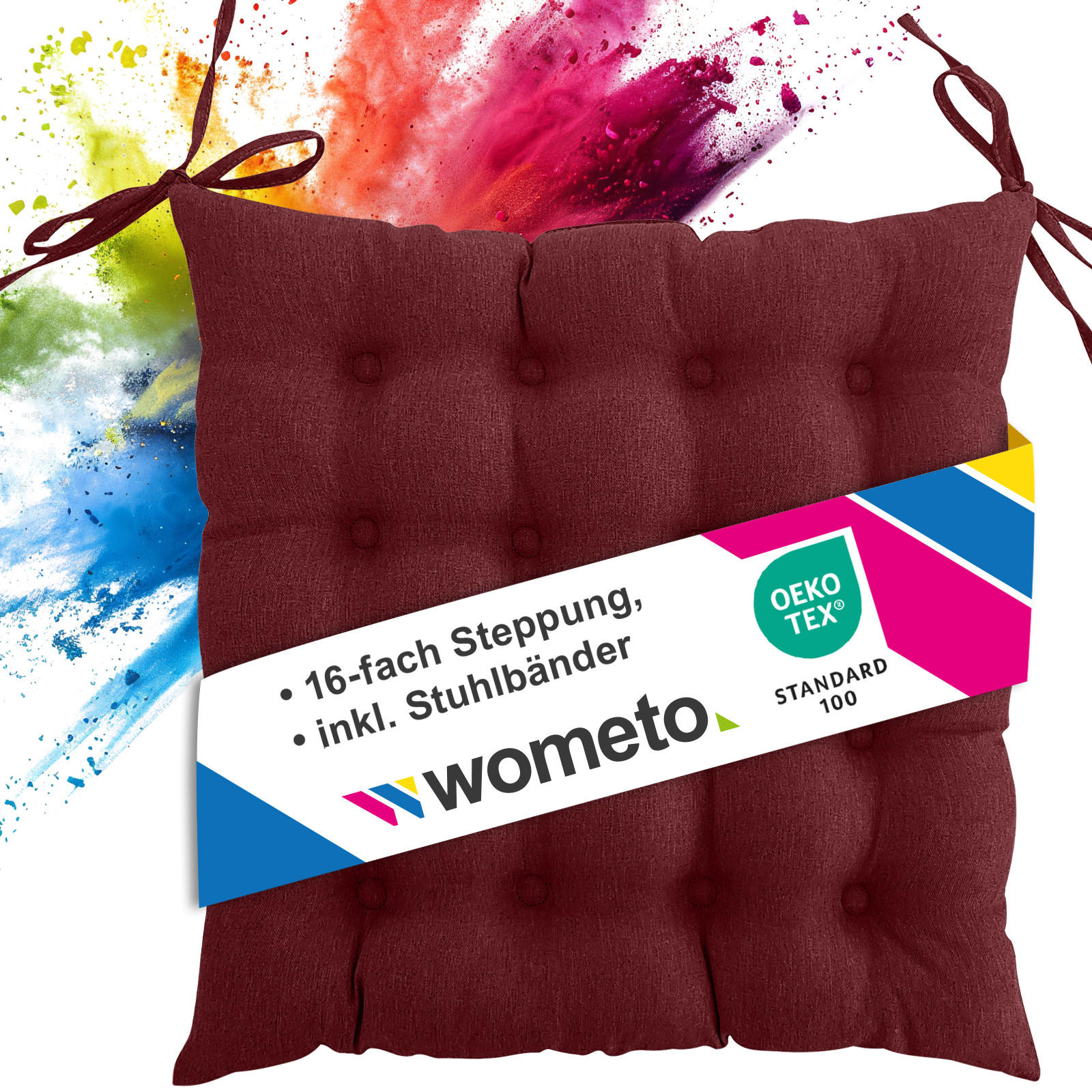 SITZKISSEN 16-Punkt dunkelrot 40/40 cm mit Steppung und Halte-Bändern - Bordeaux, Textil (40/40/4cm) - wometo