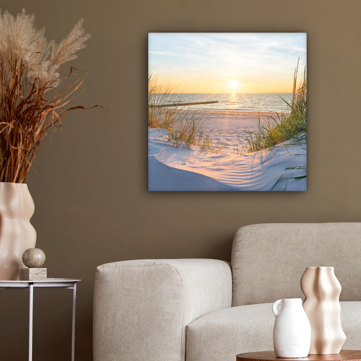 LEINWANDBILD Strand - Sonne - Düne - Gras - Sand - Horizont 50x50 cm - Hellblau, Textil (50/50cm) - MuchoWow