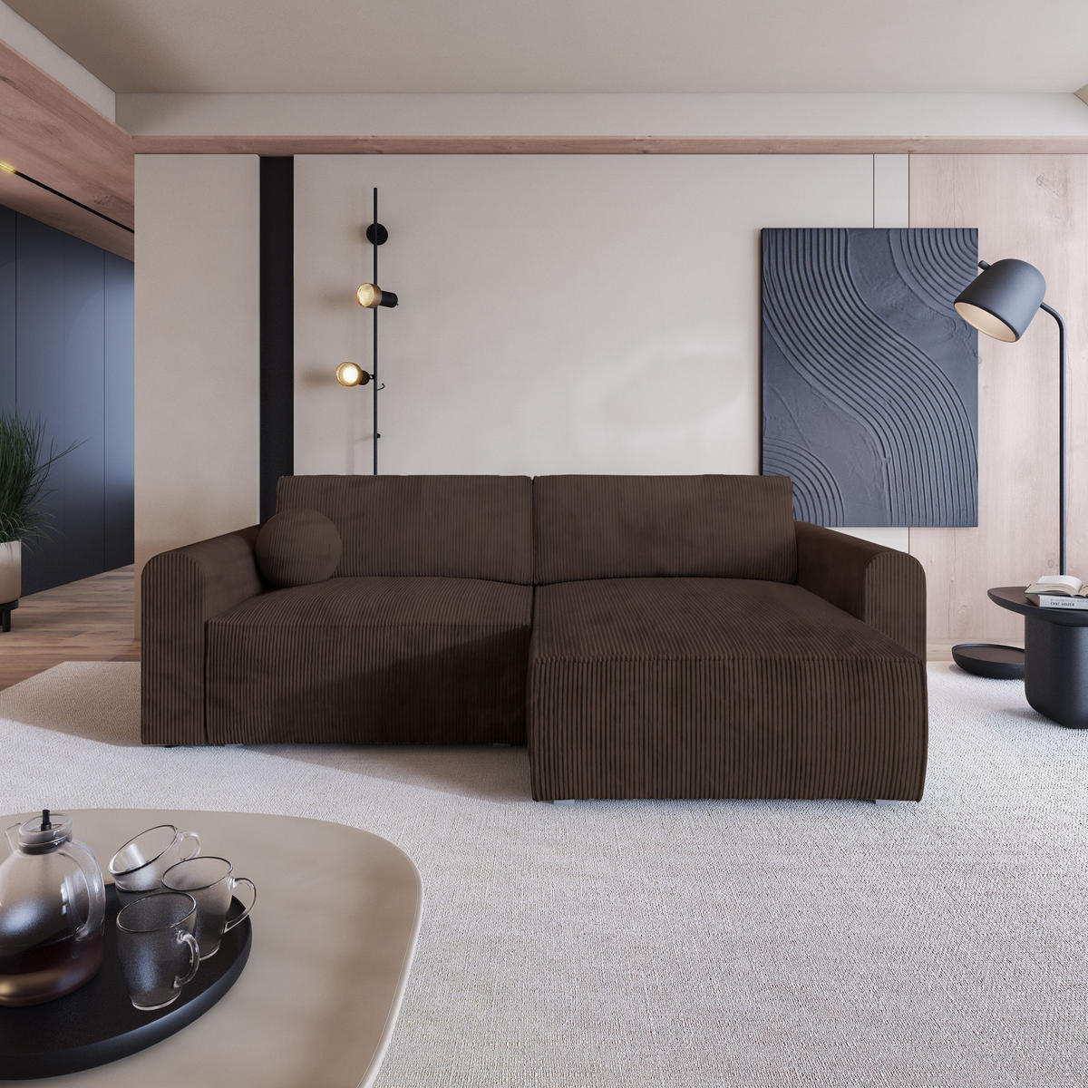 ROHOVÁ SEDAČKA FIANO hnědá - šedá/hnědá, dřevo/textil (245/148cm) - MASSENO