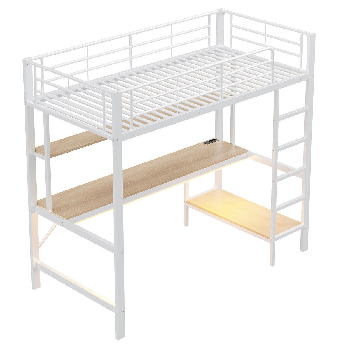 HOCHBETT 90x200cm Weiß Metall LED-Licht Schreibtisch USB - Weiß, Metall (90/200cm) - FLIEKS