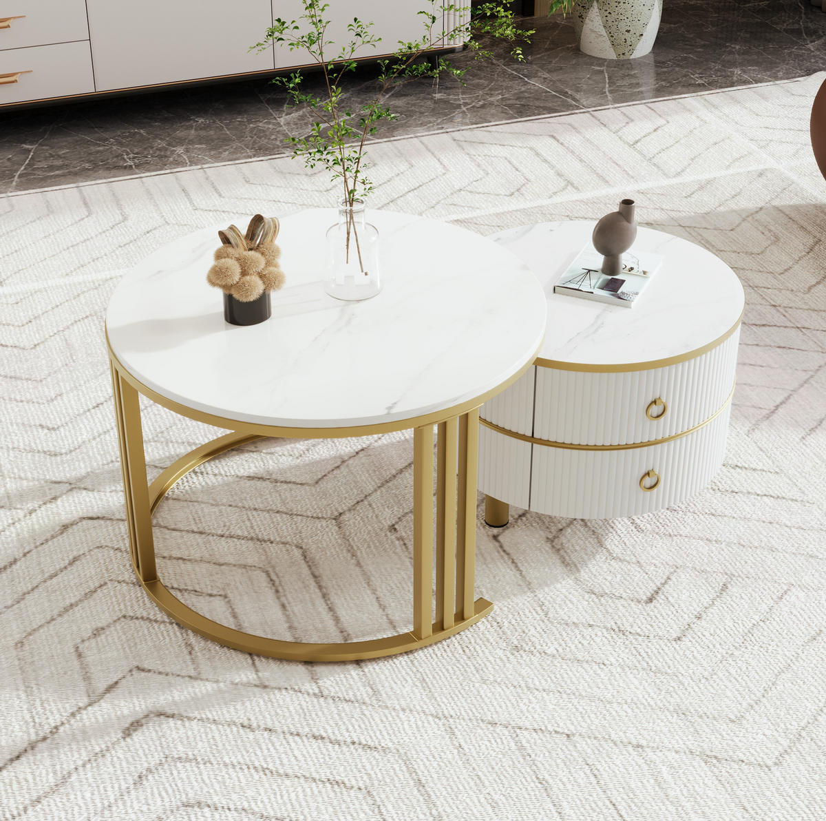 KONFERENČNÍ stolky, 70/70/46 + 50/50/40 cm, MDF bílá, 2dílná sada se zásuvkami - bílá/zlatá, kompozitní dřevo (70/70/46cm) - BEAOK