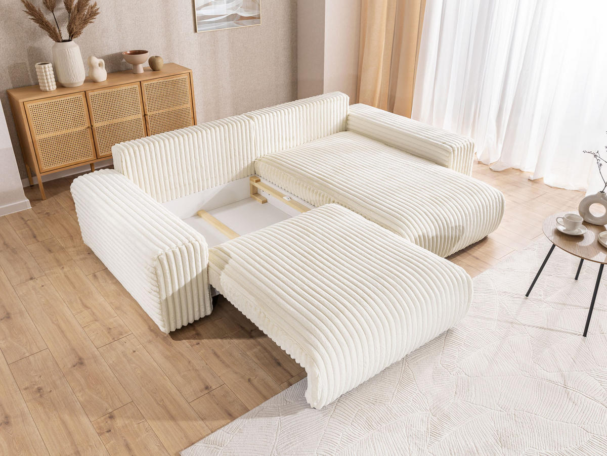 ECKSOFA Mollis Hellbeige Plüschcord - Ottomane Rechts - Beige/Schwarz, Holz/Kunststoff (255/168cm) - S-Style Möbel