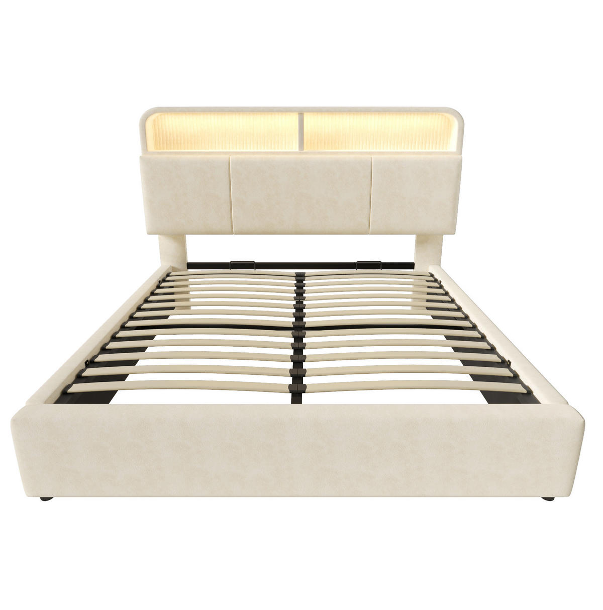 POLSTERBETT 160/200 cm mit LED-Beleuchtung, USB- und Type-C-Ladestation, hydraulischem Stauraum und Samtbezug, Beige - Beige, Textil (160/200cm) - Redom