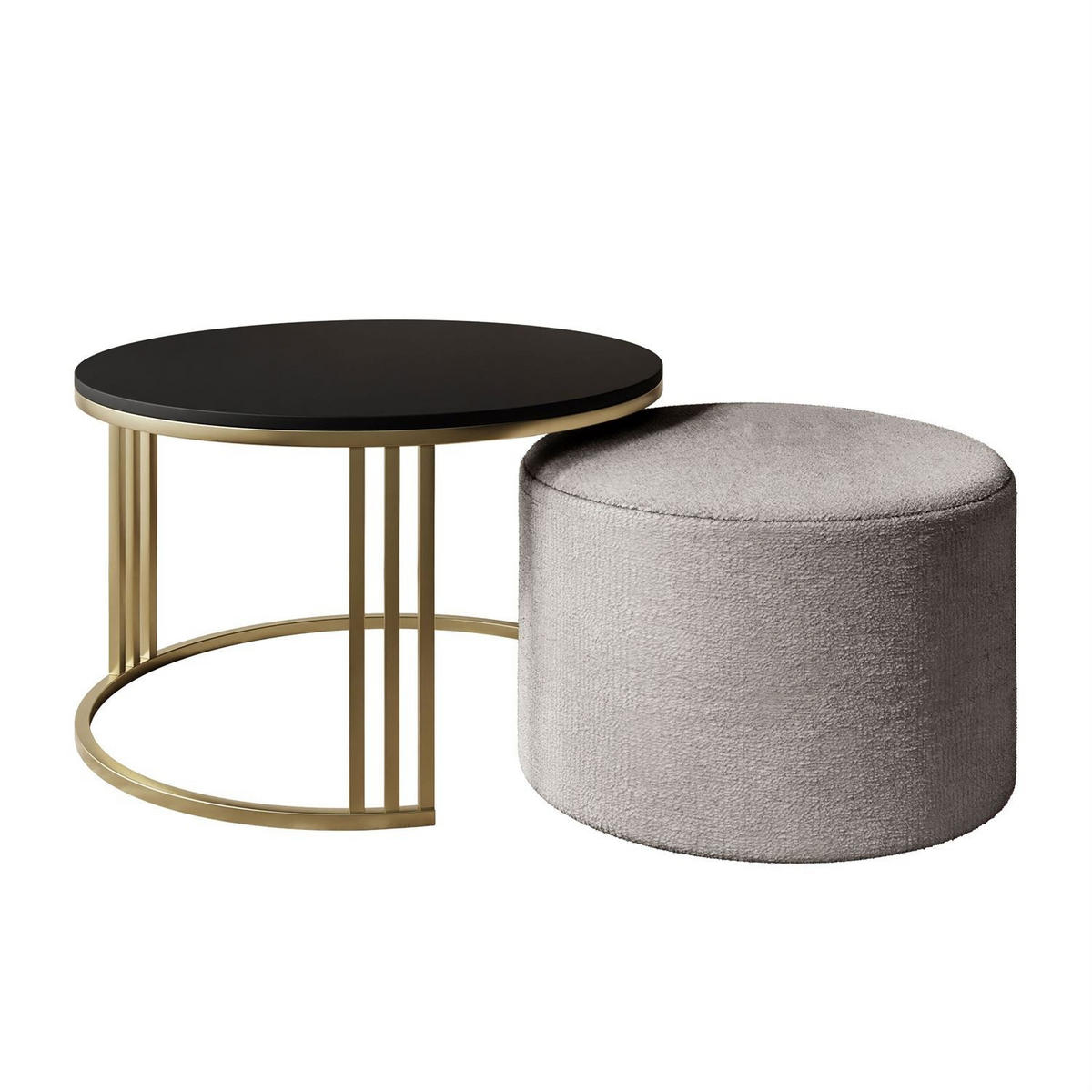 COUCHTISCH mit Hocker LORI MAT gebürstetes Gold/schwarz matt/Perfect Harmony 82 - Schwarz, Metall (70/70/49cm) - Lookway