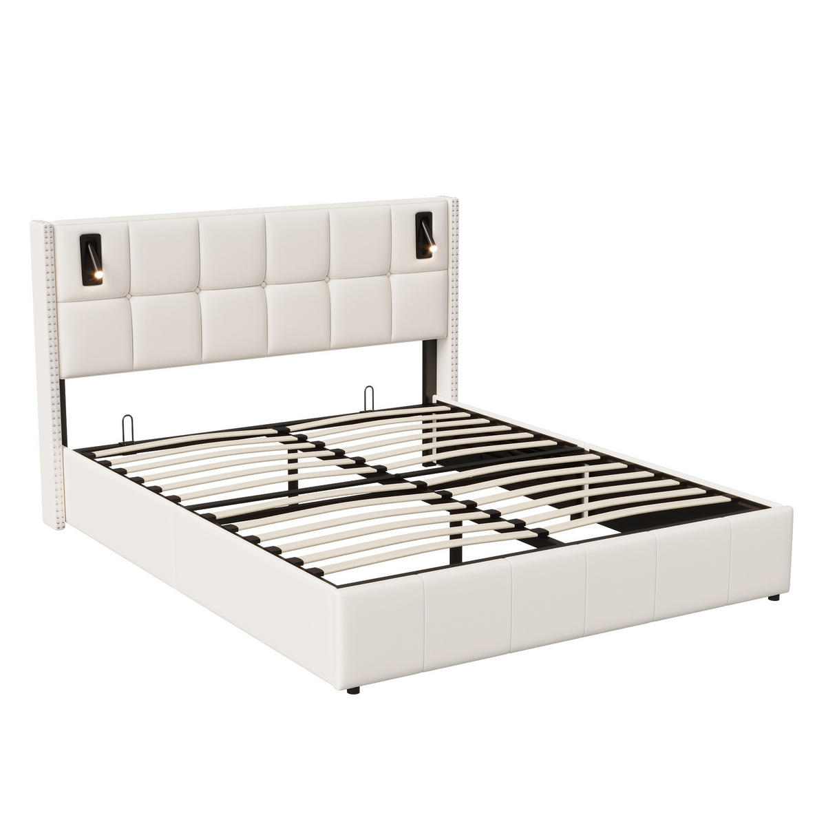 POLSTERBETT 140x200 cm mit Leselampe, Doppelbett 140x200, Nietenverzierung, Stauraum, Beige Samt - Beige, Leder/Metall (140/200cm) - GENKI LIVING