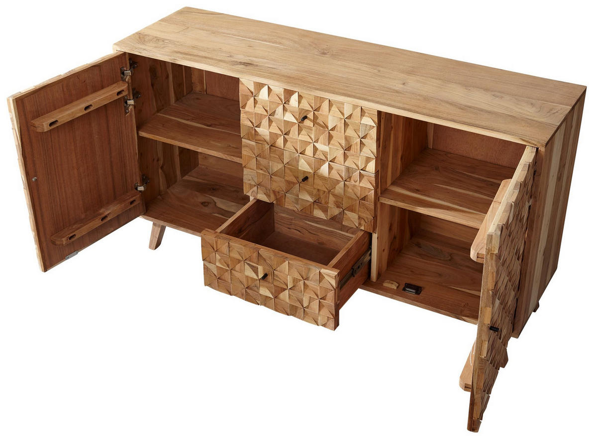 SIDEBOARD – ALME, Akazie Massivholz, 140x78,5x40 cm, Landhausstil, 3 Schubladen, 2 Türen - Braun, Akazienholz/Holz (140/79/40cm) - KADIMA DESIGN