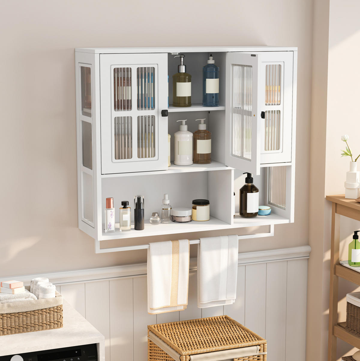 KÜCHENOBERSCHRANK 88x26x82.5 cm in Weiß aus Sicherheitsglas mit geriffeltem Glas & Handtuchstange - Weiß, Holzwerkstoff (88/82.5/26cm) - Modfu