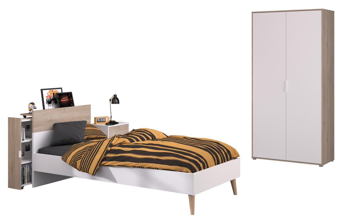 JUGENDZIMMER Aalborg 3 in Weiß und Japanischer Eiche 4 teilig - Weiß, Holzwerkstoff (120/200/80cm)