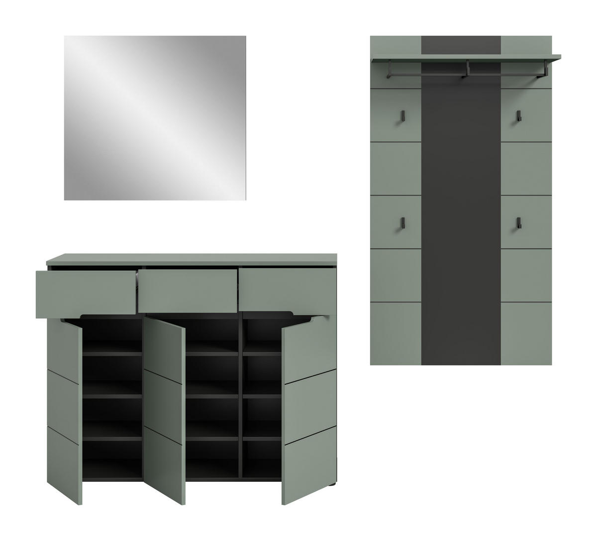 GARDEROBEN-SET CANU 3-tlg. (B/H/T: ca. 215/190/37 cm) in Basalt grau/Smoke Green - Grau, Holzwerkstoff (215/190/37cm)