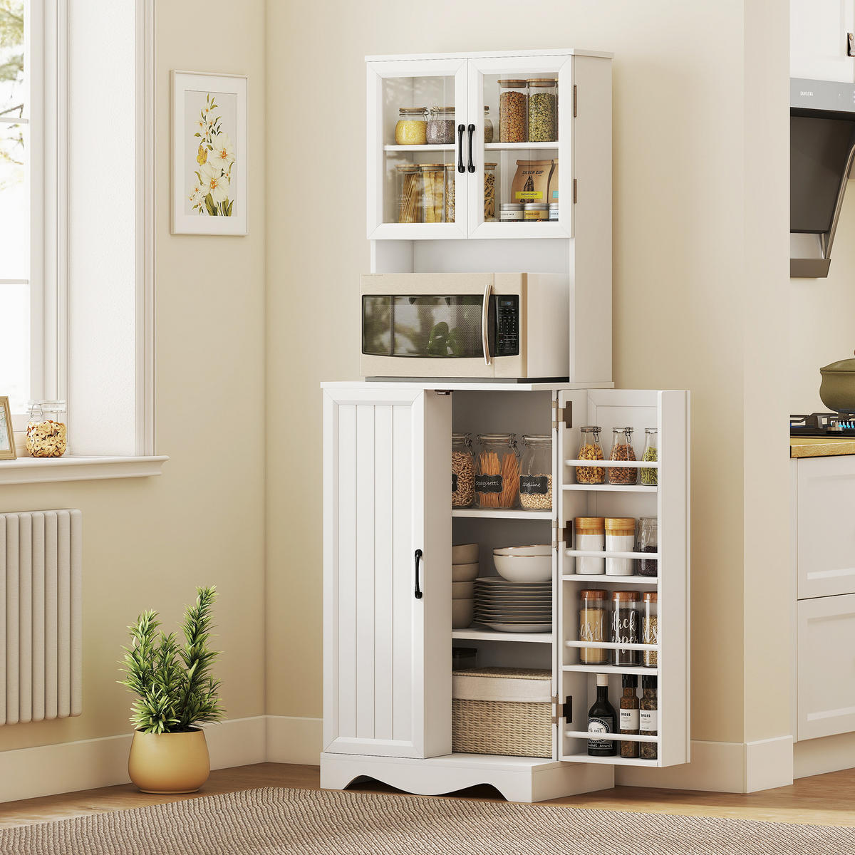 MEHRZWECKSCHRANK DE-11293 4 Türen & 8 Gewürzregale mit Arbeitsplatte Weiß - Weiß, Holzwerkstoff (39.5/179.6/60cm) - ComfortXL