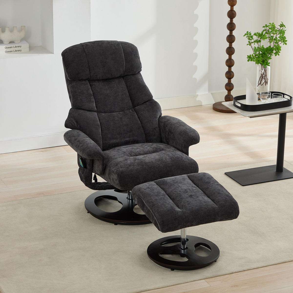 RELAXSESSEL 83,5/81/111 cm in Dunkelgrau mit Massagefunktion und Hocker - Dunkelgrau, Textil (83.5/111/81cm) - BEAOK
