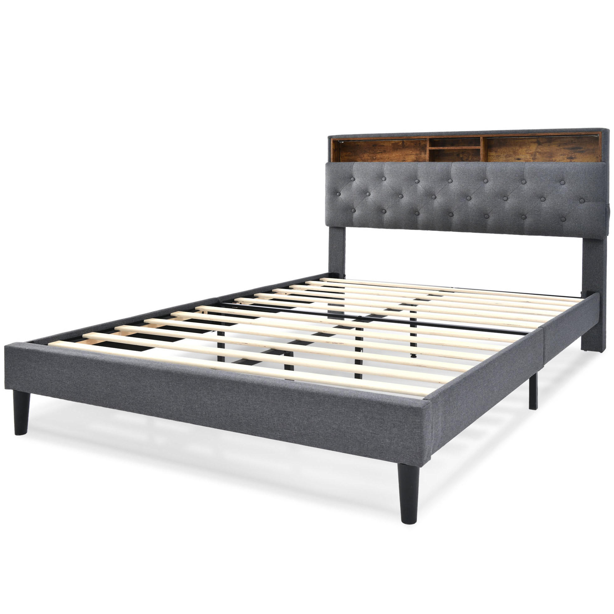 POLSTERBETT aus Massivholz 140x200 cm Grau mit Stauraum-Kopfteil, LED-Beleuchtung und Federkernmatratze - Grau, Holz (140/200cm) - IVMEU