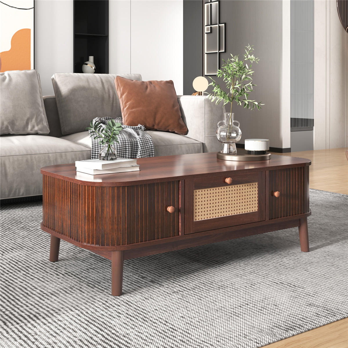 COUCHTISCH Rattan Massivholzbeine Schubladen Wohnzimmertisch - Braun, Holz (55/110/38.5cm) - Bomclap