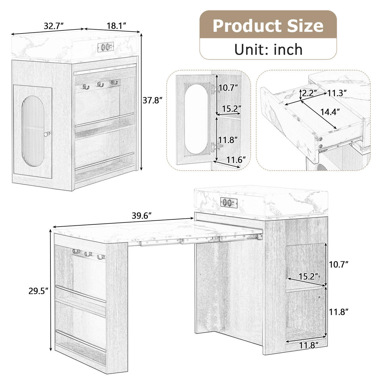 KÜCHENINSEL 83/96/46-146,5 cm Natur aus MDF und Glas mit ausziehbarer Tischplatte - Naturfarben, Holzwerkstoff (46/96/83cm) - OKMYHOME