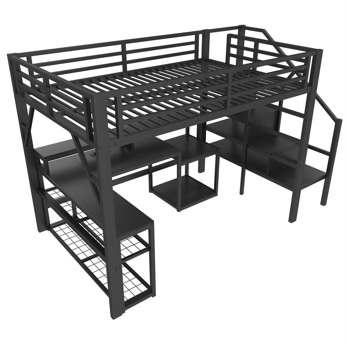 HOCHBETT 140/200 cm aus Metall mit Schreibtisch, Stauraum und LED-Beleuchtung - Schwarz, Metall (140/200cm) - Flora Grace