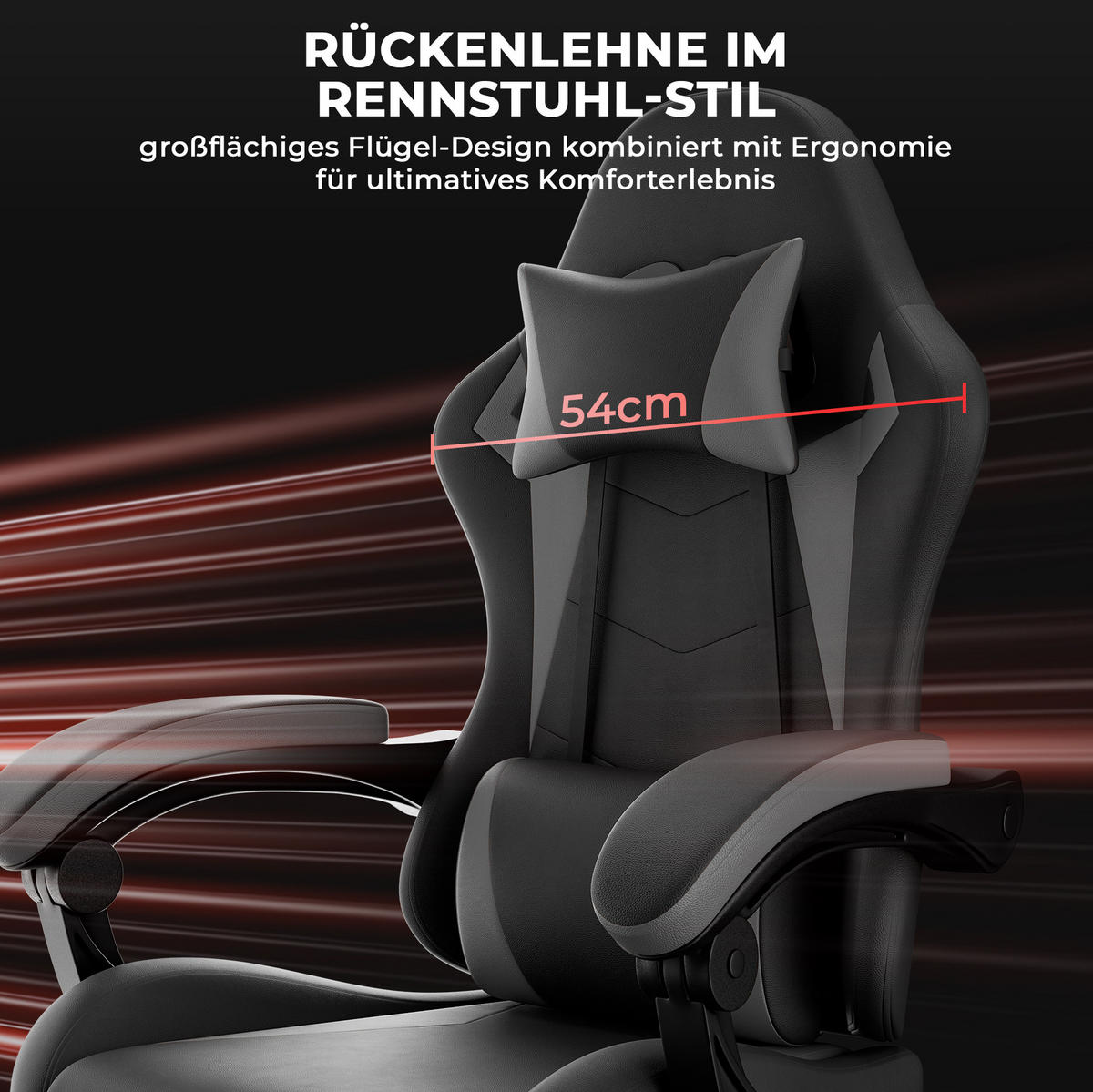 GAMING-STUHL ergonomisch höhenverstellbar PVC Black Gray - Schwarz, Kunststoff (63/120.5/58.5cm) - Meubliv
