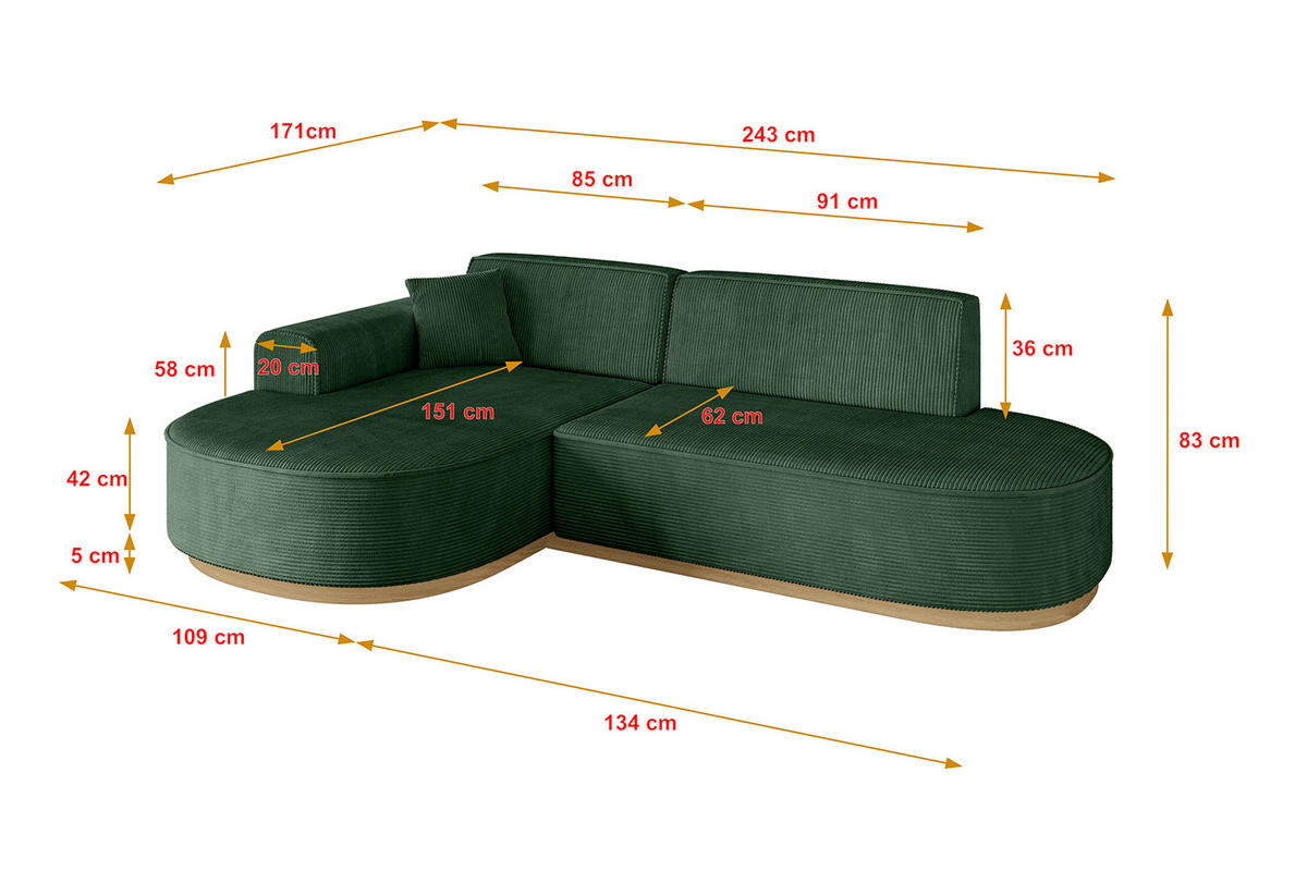 ECKSOFA Ottomane Links MARI-L1-v2 - 243x171x83 cm Grün Cord - Grün, Holzwerkstoff/Textil (243/171cm) - ALTDECOR