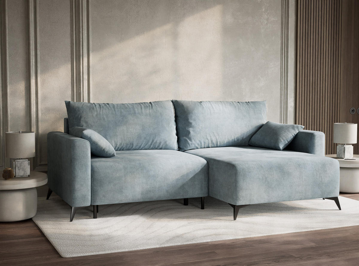 ECKSOFA MIT SCHLAFFUNKTION Leon Hellblau Webstoff - Schwarz/Hellblau, Holz/Holzwerkstoff (239/148cm) - Maison de Reve
