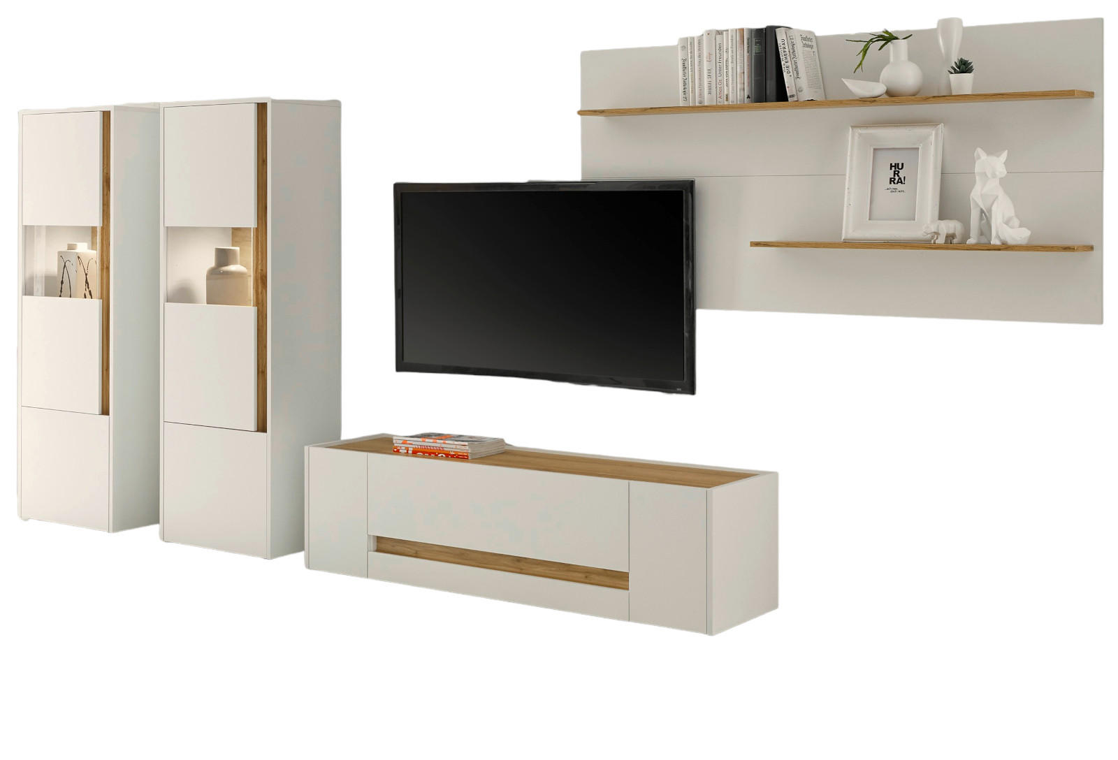 WOHNWAND 4-teilig weiß, Eiche Wotan 340 cm, Schrankwand mit 10 Fächern - Eiche Wotan/Schwarz, Glas/Holz (340/170/45cm) - Furn.Design