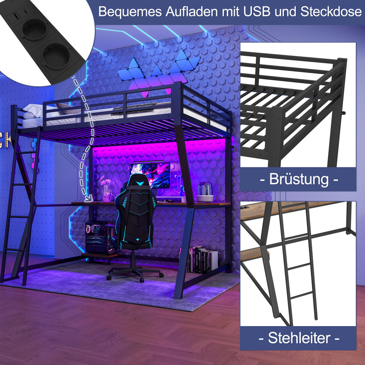 HOCHBETT 140/200 cm aus Metall mit LED und Schreibtisch, Schwarz - Schwarz, Metall (140/200cm) - OKMYHOME