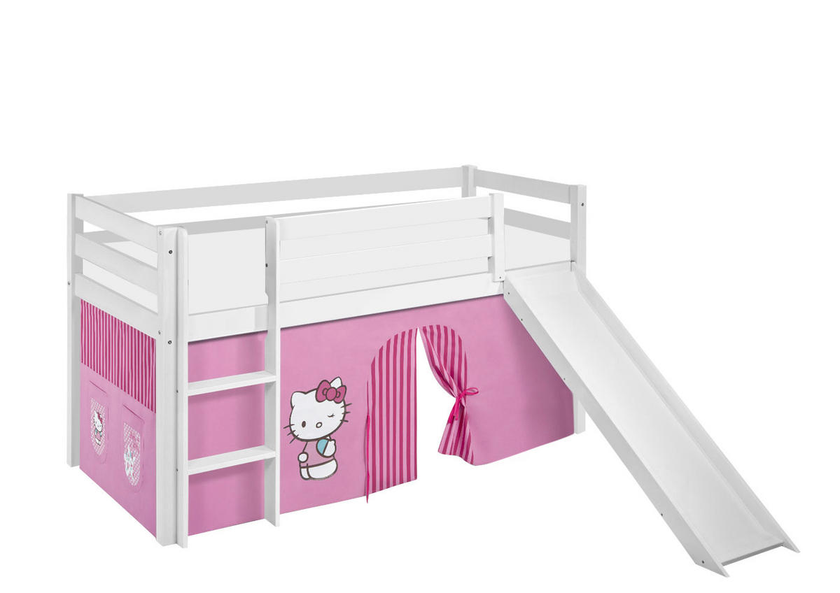 SPIELBETT JELLE Hello Kitty Rosa - Hochbett - mit Rutsche und Vorhang - Weiß, Holz - Lilokids