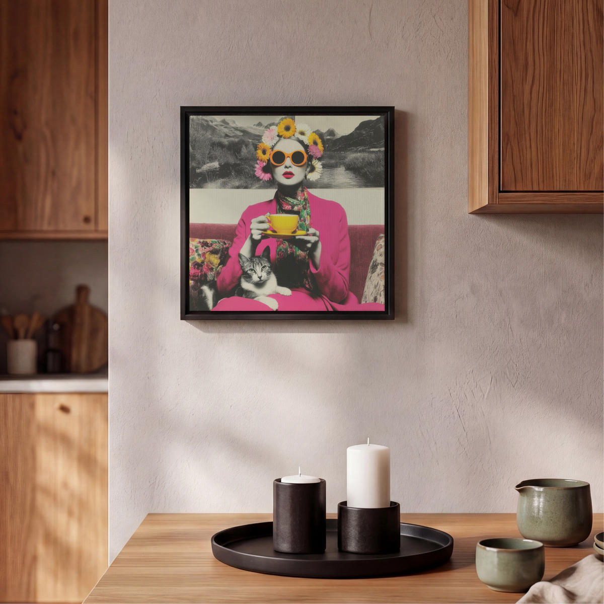 LEINWAND Bilder mit Rahmen - Frau - Katze - Blumen - Tasse - Retro - 20x20 - Magenta, Textil (20/20cm) - MuchoWow