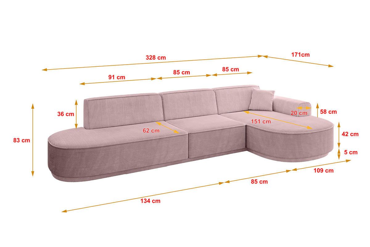 ECKSOFA Ottomane Rechts MARI-L2-v3 - 328x171x83 cm Rosa Cord - Schwarz/Rosa, Holzwerkstoff/Kunststoff (171/328cm) - ALTDECOR