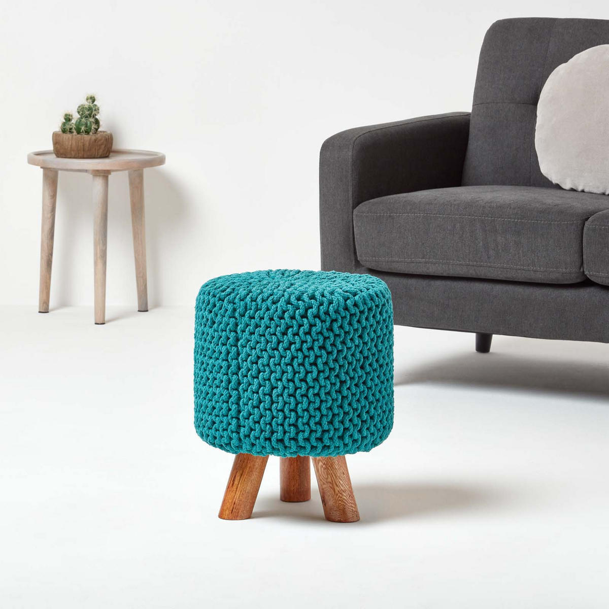STRICK-HOCKER türkis, Dreibein 32/32/42 cm - Türkis, Textil (32/42/32cm) - Homescapes