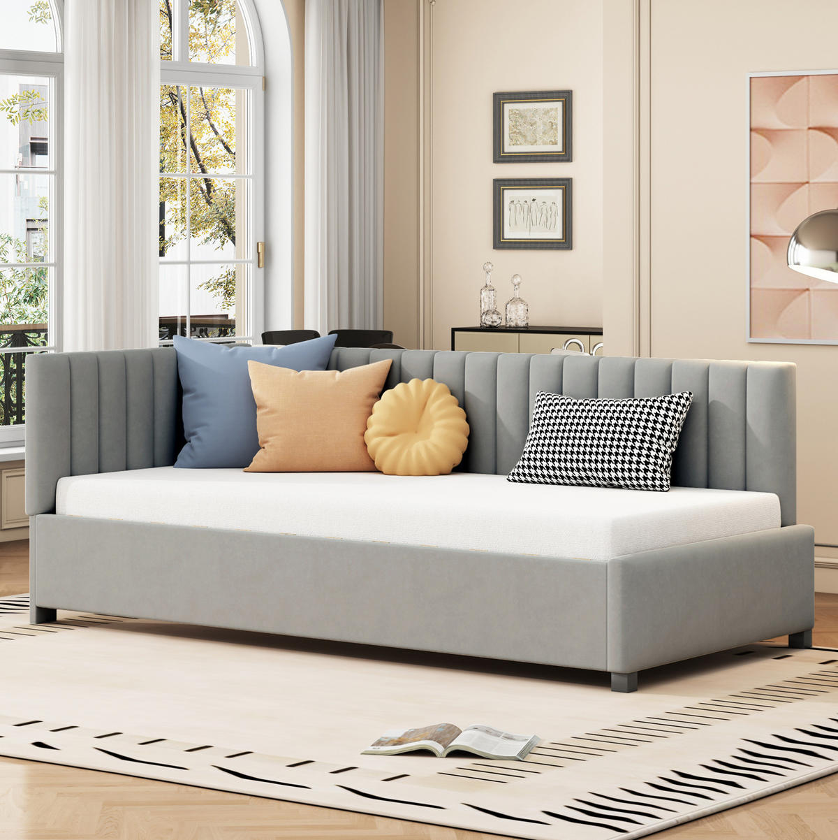 ČALOUNĚNÁ postel 90/200 cm šedá z sametu s lamelovým roštem a funkcí pohovky - šedá, kůže (90/200cm) - OKWISH