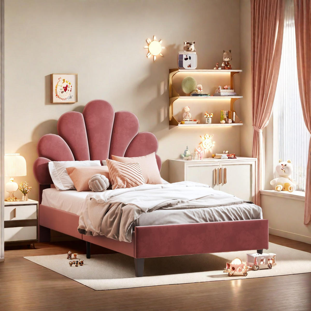 KINDERBETT 90x200 cm Blumen Kopfteil Lattenrost Samt rosa - Rot, Holz (90/200cm) - LEBENLANG